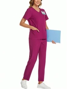 Bộ 2 đồng phục y tá tay ngắn và quần màu trơn - Màu đỏ tím - Xem 5