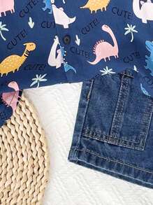 SHEIN Bộ áo sơ mi tay ngắn in chữ và khủng long dễ thương cho bé trai và quần short denim - Màu xanh lam - Xem 5