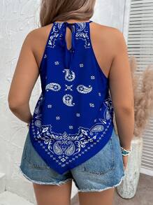 SHEIN VCAY Plus Size Women's Summer Vacation Halter Neck Tank Top With Asymmetrical Hem And Paisley Flower Print