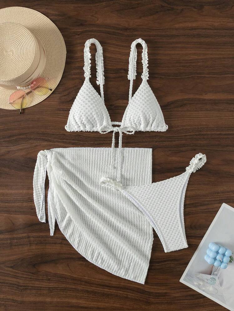 Women's Summer Beach Solid Color Frill Bandeau Bikini Set With Detachable Straps, Matched With Cover Up Skirt