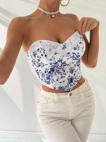 SHEIN Privé Women's Elegant Floral Printed Contrast Lace Tight-Fitting Strapless Top For Summer Daily Wear, Vacation, Romantic Date, Party, And Music Festival - Blue - View 5