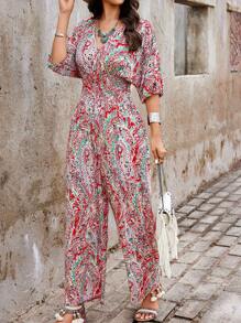 SHEIN LUNE Enterizo de verano fruncido con estampado aleatorio, perfecto para vacaciones - Multicolor - Ver 1