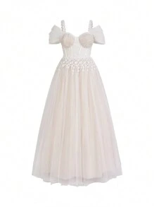 SHEIN Belle Plus Size Off-Shoulder Heavy Hand Embroidered Lace & Tulle Romantic Wedding Dress - White - View 8