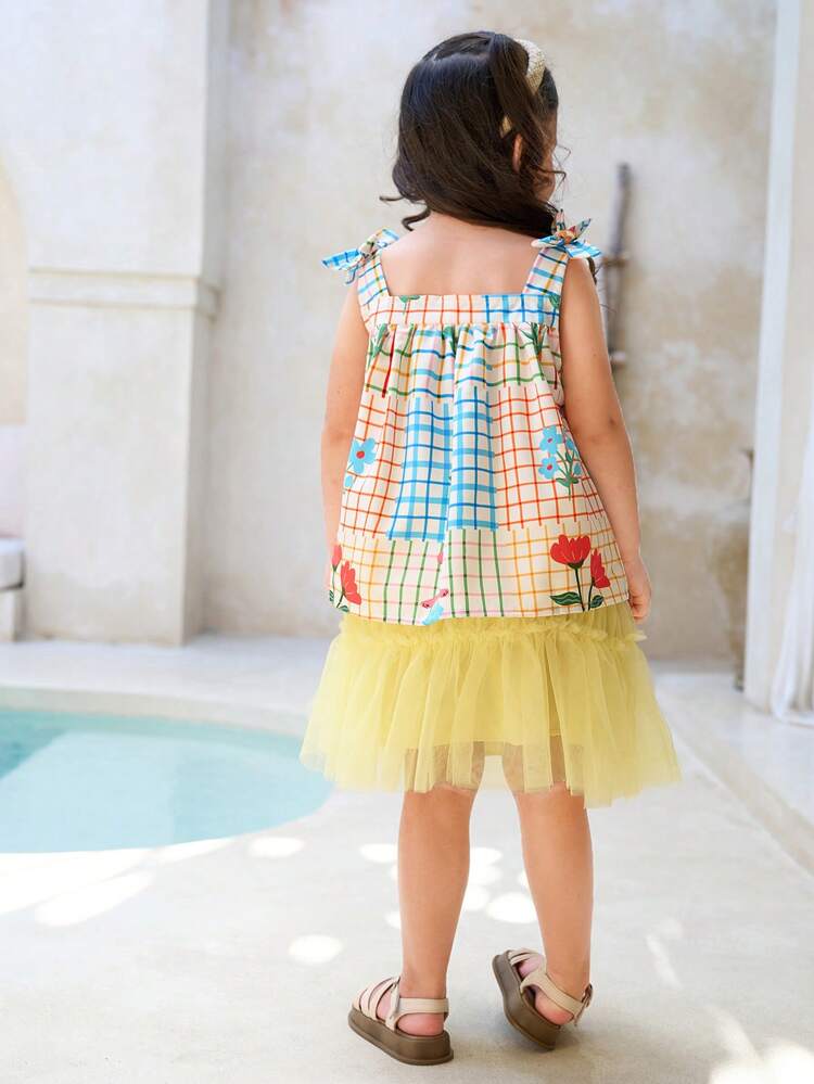 Young Girl/Young Girls' 2pcs Holiday Beach Colored Plaid Top And Yellow Mesh Skirt With Bowknot, Suitable For Summer, Vacation Sunshine Young Girl