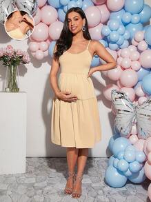 SHEIN Pregnant Women Solid Color Sleeveless Nursing Dress With Ruffle Hem And Spaghetti Straps,Perfect For Vacation Baby Shower Party For Maternity - Apricot - View 3