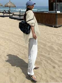 DAZY Áo sơ mi dài tay đơn giản hàng ngày dành cho nữ - Màu be - Xem 2