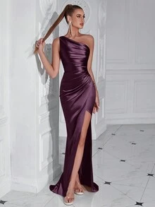 ADYCE 女士褶皱单肩高开衩腰部鸡尾酒会长裙，适合跳舞/返校节穿着