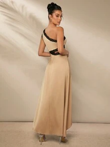 L'Amorae One-Shoulder Asymmetric Hem Dress With Lace Trim - Khaki - View 2