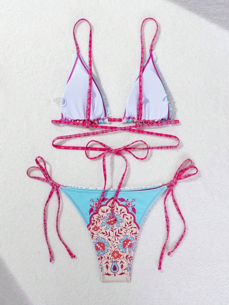 Women's Summer Beach Floral Print Tie-Side Thong Bikini Set
