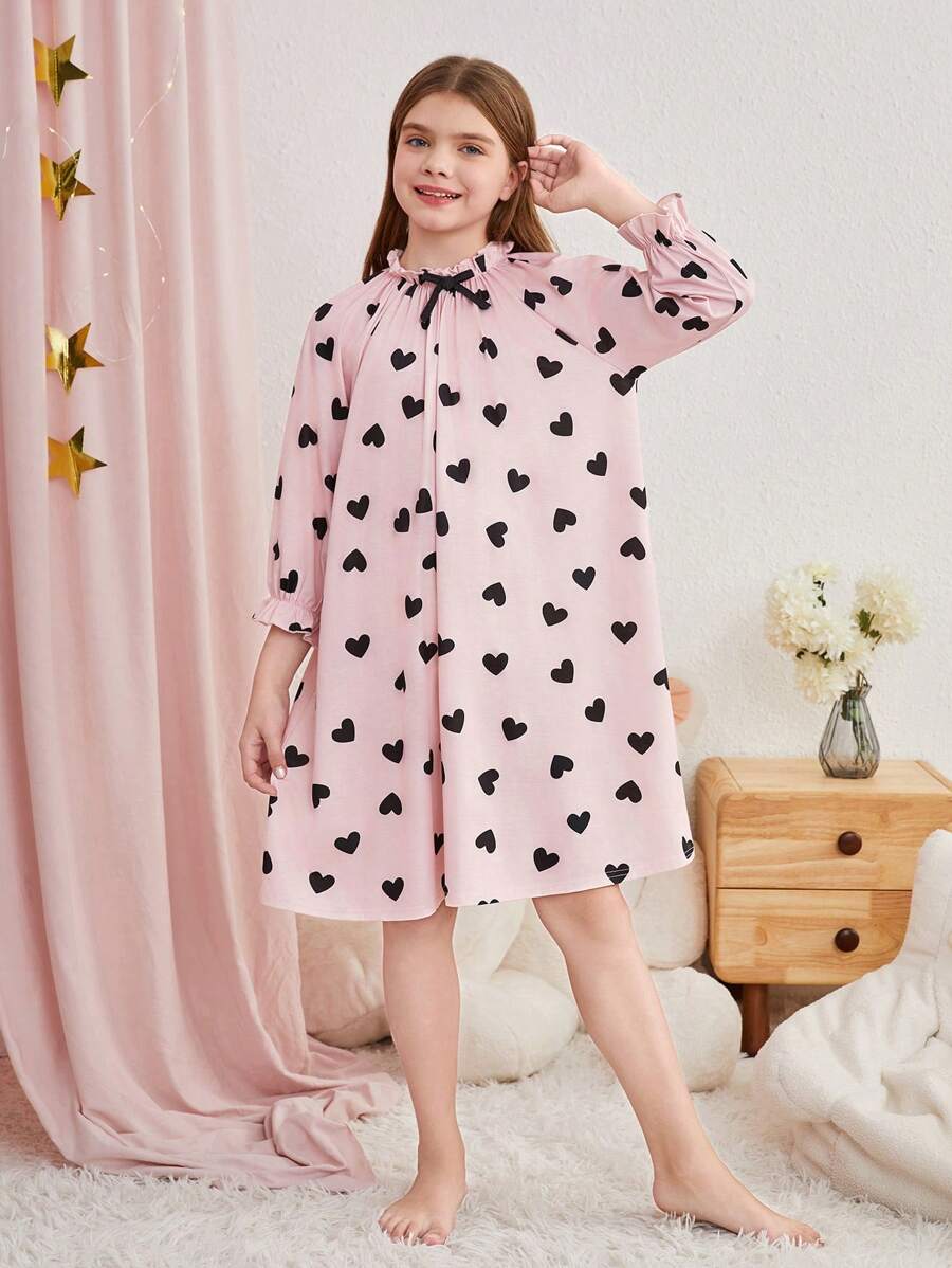 SHEIN 少女心形圖案領口3D蝴蝶結裝飾長袖針織睡衣裙 - 淺粉色 - 查看 1