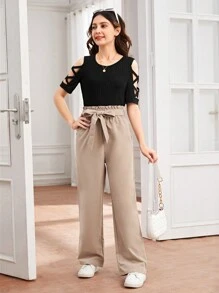 SHEIN Teen Girl, negru și kaki, cu mâneci încrucișate, pantaloni strâmți și cu picioare drepte, cu talie cu fundă Set 2 buc.