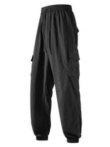 Plus Size Men's Loose Quick-Dry Cargo Pants With Multiple Pockets And Cuffed Hem - Black - View 2