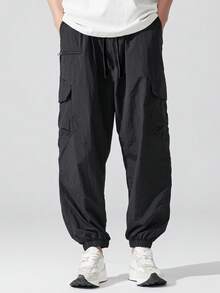 Plus Size Men's Loose Quick-Dry Cargo Pants With Multiple Pockets And Cuffed Hem - Black - View 7