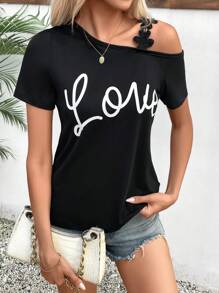 SHEIN LUNE 女式夏季短袖 T 恤，带字母印花，蕾丝肩部拼布图案 T 恤女式上衣 - 黑色 - 查看 6