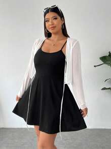 SHEIN EZwear 女式加大码针织开衫和细肩带连衣裙纯色两件套 - 白色 - 查看 6