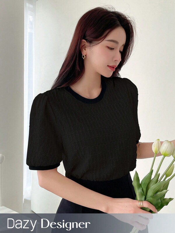 Dazy Designer Women's Puff Sleeve Round Neck Color Block Textured T-Shirt