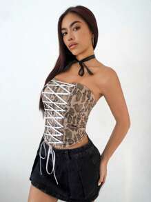 SHEIN Unity Top corto de mujer con estampado de piel de serpiente y cordones