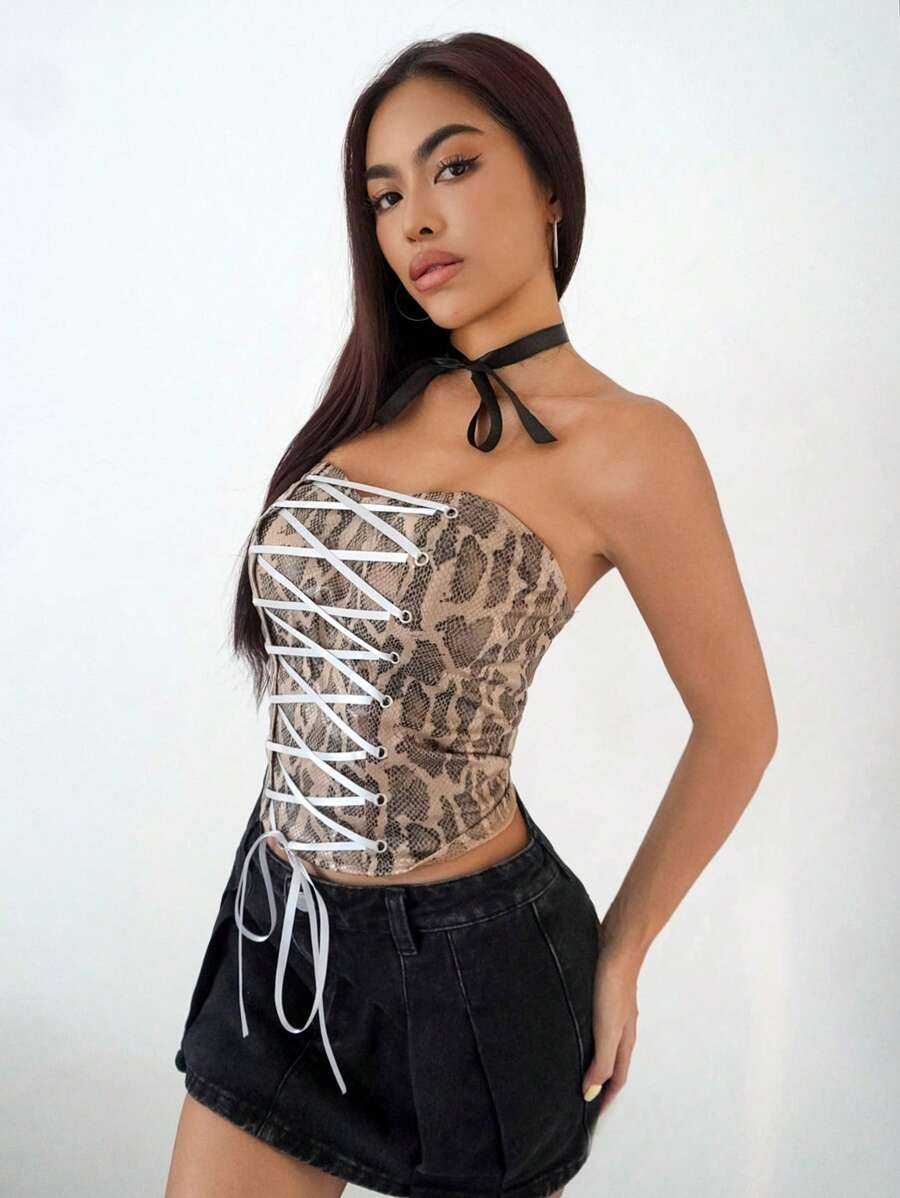SHEIN Unity Women's Snakeskin Print Lace-Up Crop Top - Multicolor - View 1