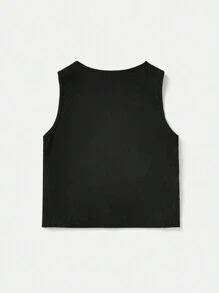 SHEIN 1 chiếc áo vest màu xanh giản dị và thể thao cho bé trai có logo trang trí và dáng rộng, không tay và không cổ, thích hợp để mặc hàng ngày, đi học, du lịch, thể thao, mùa xuân hè - màu đen - Xem 2