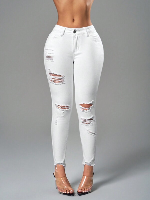SHEIN SXY Women's Solid Color Skinny Jeans With Distressed Details, For Daily Wear