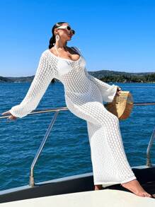 EURMUSE 女士纯色长款针织透明罩衫连衣裙，适合日常穿着、夏季海滩度假