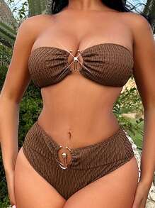 Swim SXY 女款純色環連無肩帶胸圍和比基尼底部性感比基尼套裝，夏季沙灘服裝泳裝 - 咖啡棕 - 查看 1