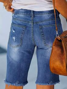 Shorts vaqueros de talle medio con desgarros de unicolor para mujer en verano
