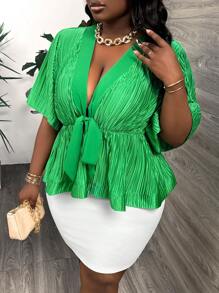 Slaydiva Bộ đồ hai mảnh xếp ly tay chuông buộc trước vai màu xanh lá cây thanh lịch cho nữ đi làm mùa xuân/hè cỡ lớn - J - màu xanh lá - Xem 7