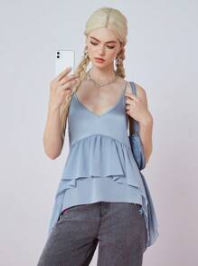 SHEINNeu Women's Summer Fashion Solid Color Asymmetrical Hem Ruffle Trim Camisole Top - Dusty Blue - View 7