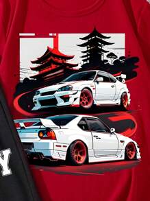 Ensemble de 2 pièces T-shirt et short décontracté pour garçon avec impression de voiture de course en dessin animé et col rond à manches courtes, adapté pour l'été