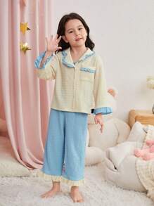 SHEIN Kleine Mädchen Prinzessin Stil Farbblock gestricktes Pyjama Set mit Spitzen Dekoration, Langarm Top und Hose, 2 Stücke