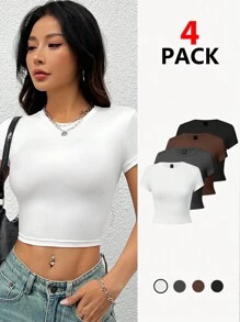 SHEIN PETITE Multicolor Casual Round Neck Tight Short Sleeve T-Shirt For Women, Suitable For Summer - Multicolor - View 1