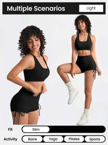 Easithlete 桃形臀提升歐美風瑜伽短褲，高腰彈性運動女士跑步健身短褲拉繩短褲 - 黑色 - 查看 4