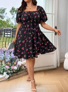 Franclia Cherry Print Puff Sleeve Square Neck Plus Size Boho Knee-Length Dress With Cinched Waist, For Summer