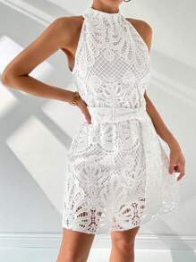 SHEIN Privé Summer Women Wedding  Elegant Holiday Romantic Date Ins Lace Belted A-Line White Mini Dress - White - View 4