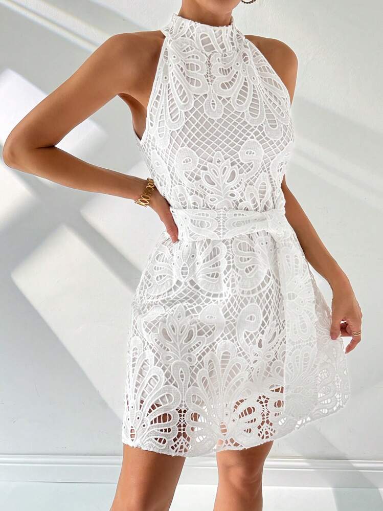 SHEIN Privé Summer Women Wedding  Elegant Holiday Romantic Date Ins Lace Belted A-Line White Mini Dress - White - View 4
