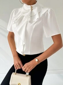 Firerie Women's Elegant Daily/Date/Work/Commute Style Delicate Ruffle Short-Sleeve White Shirt,Short Sleeve Tops - White - View 6