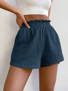 SHEIN EZwear 女款實色簡約日常短褲，上掀邊緣設計 - 藏蓝色 - 查看 4