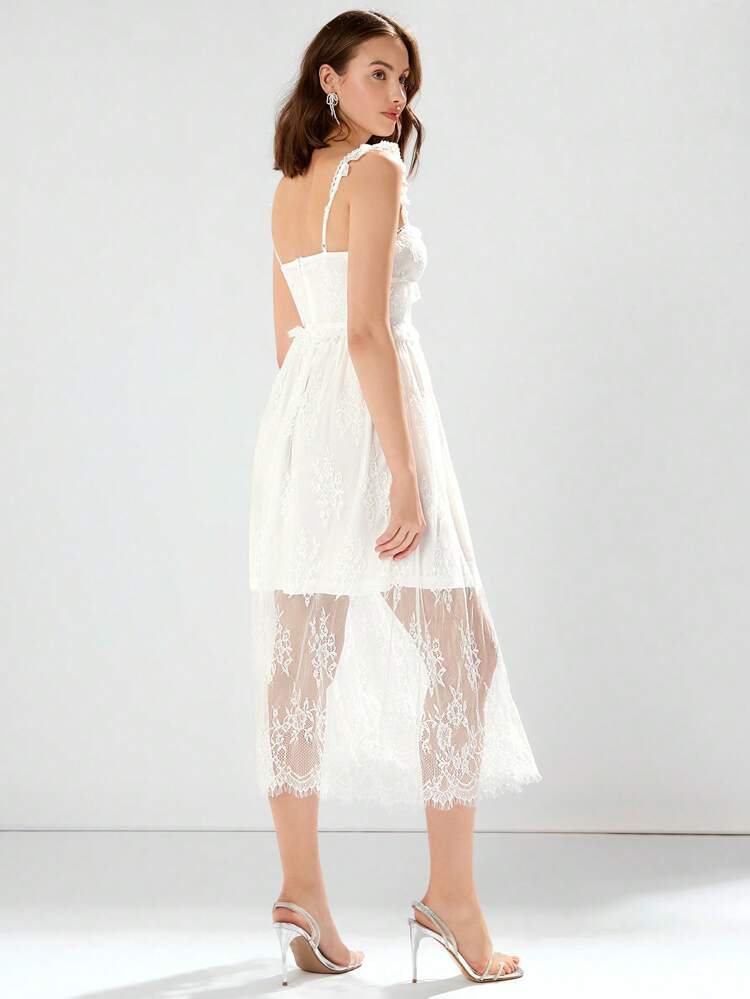 Women's Summer Spring Holiday White Fashion Solid Color Lace Sleeveless Cami Dress,Elegant
And Romantic