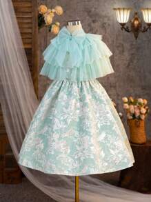 SHEIN Tween Girl Cute Bowknot Layered Mesh Shawl Embroidered Sleeveless Dress, 2pcs