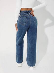SHEIN PETITE Jeans informales con pierna recta desgastada lavada - Azul lavado oscuro - Ver 2