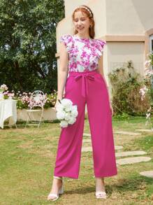 青少女藍色印花長褲2件套裝 - 玫紅色 - 查看 3