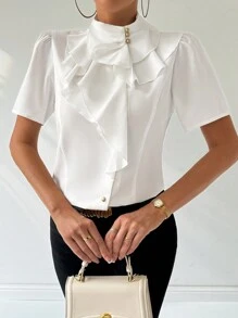 Firerie Women's Elegant Daily/Date/Work/Commute Style Delicate Ruffle Short-Sleeve White Shirt,Short Sleeve Tops - White - View 4