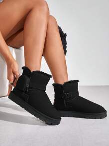 女鞋時尚低幫舒適保暖經典黑色雪靴 - 黑色 - 查看 1