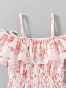 SHEIN Young Girl Summer New Fashionable And Vacation Style Jumpsuit With Ruffle Hem And Off-Shoulder Strap, Including Bag - Pink - View 4