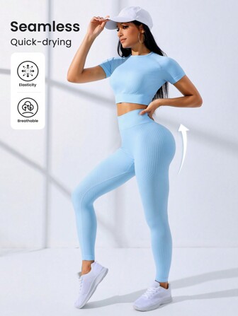 Gameset SHEIN Sport Solid Seamless High Stretch Crop Tee & Leggings Workout Women Set Women Leggings Set Gym Women Outfit
