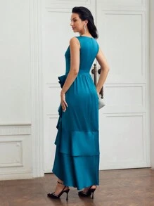 MOTF PREMIUM RHINESTONE DETAIL ASYMMETRICAL LAYERED RUFFLE TRIM DRESS