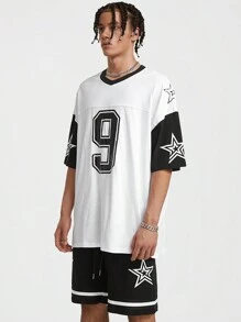 Manfinity VCAY Men's 2pcs/Set Glossy Printing Loose Knitted Short Sleeve T-Shirt Outfit With Numbers