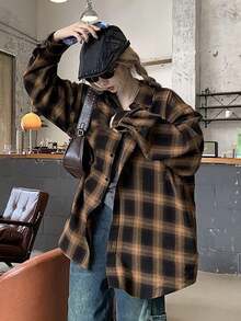 Women's Drop Shoulder Long Sleeve Loose Plaid Casual Blouse, Spring/Autumn,Long Sleeve Tops