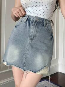 DAZY Women's Casual Denim Skirt With Pocket, Distressed Patchwork And Frayed Hem Jeans Skirt - Light Wash - View 3